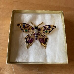 Butterfly Figural Jeweled Gold‎ Plated Pin Brooch